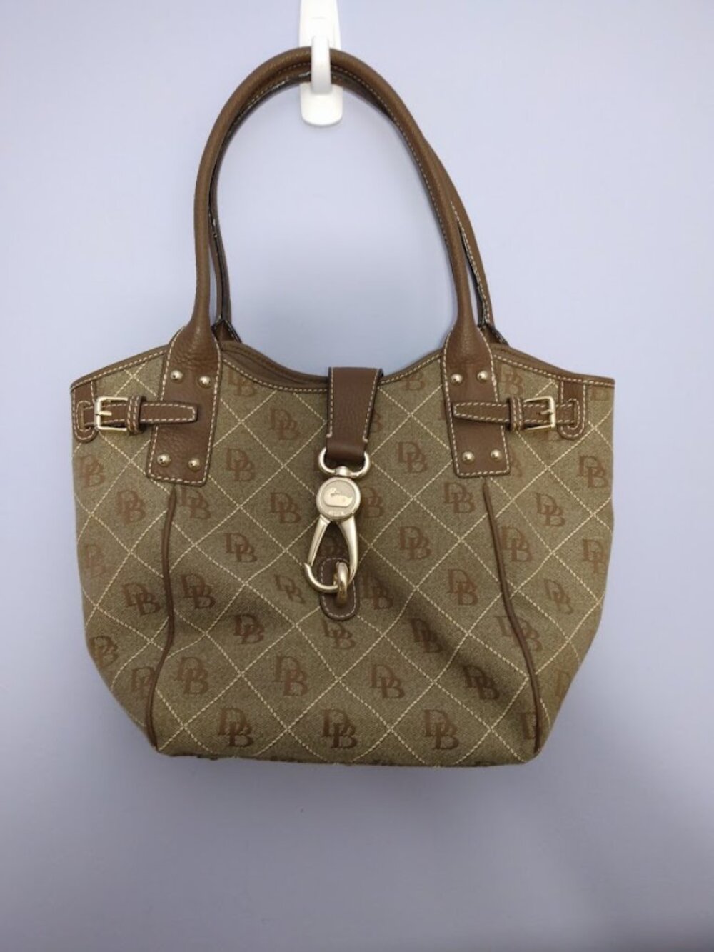 Dooney & Bourke Monogram Canvas Shoulder Bag Brown Logo Lock Tulip Shape Western